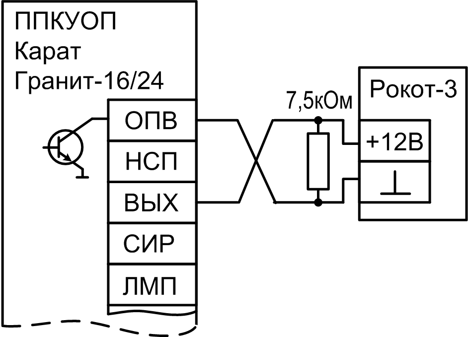 Схема подключения Рокот-3 к ППКУОП Карат, Гранит-16,-24 «Рокот-3-1» прибор управления с акустической системой. Изображение  1