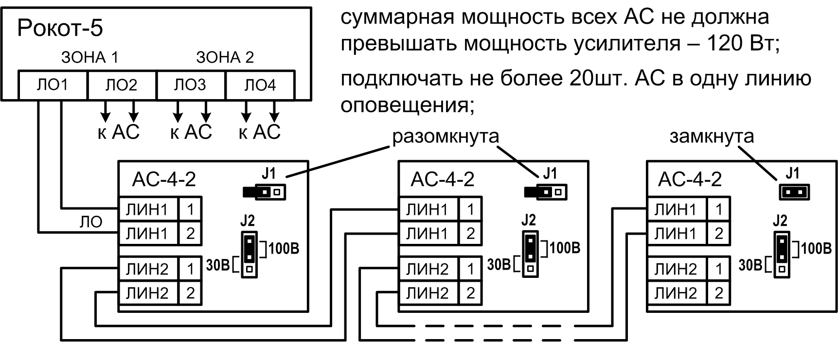 Схема подключений АС-4-2 к линиям оповещения Рокот-5 Акустическая система АС-4-2. Изображение 1