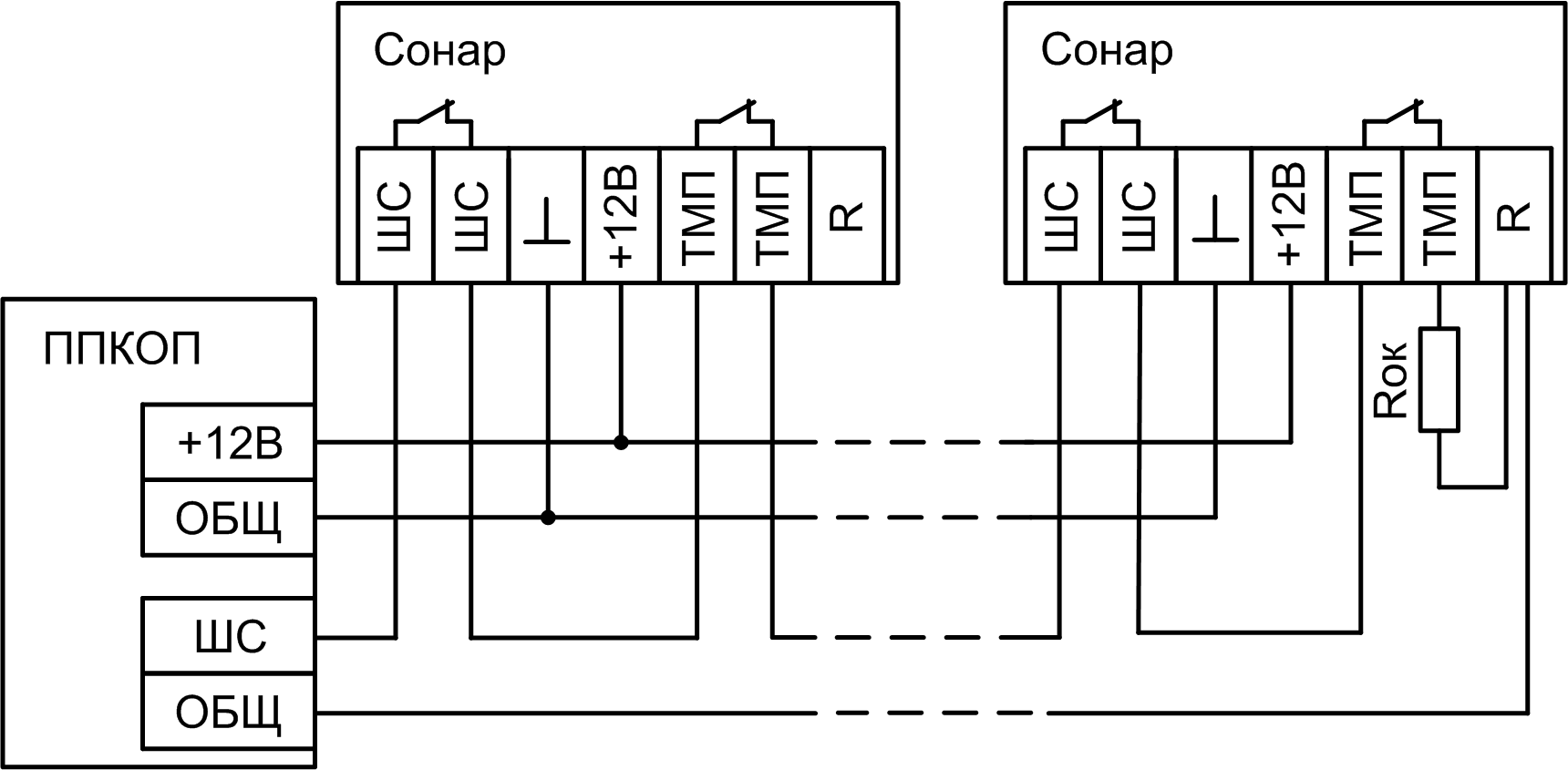 Схема подключения извещателя «Сонар» к приемно контрольному прибору Извещатель звуковой Сонар (датчик разбития стекла). Изображение 1