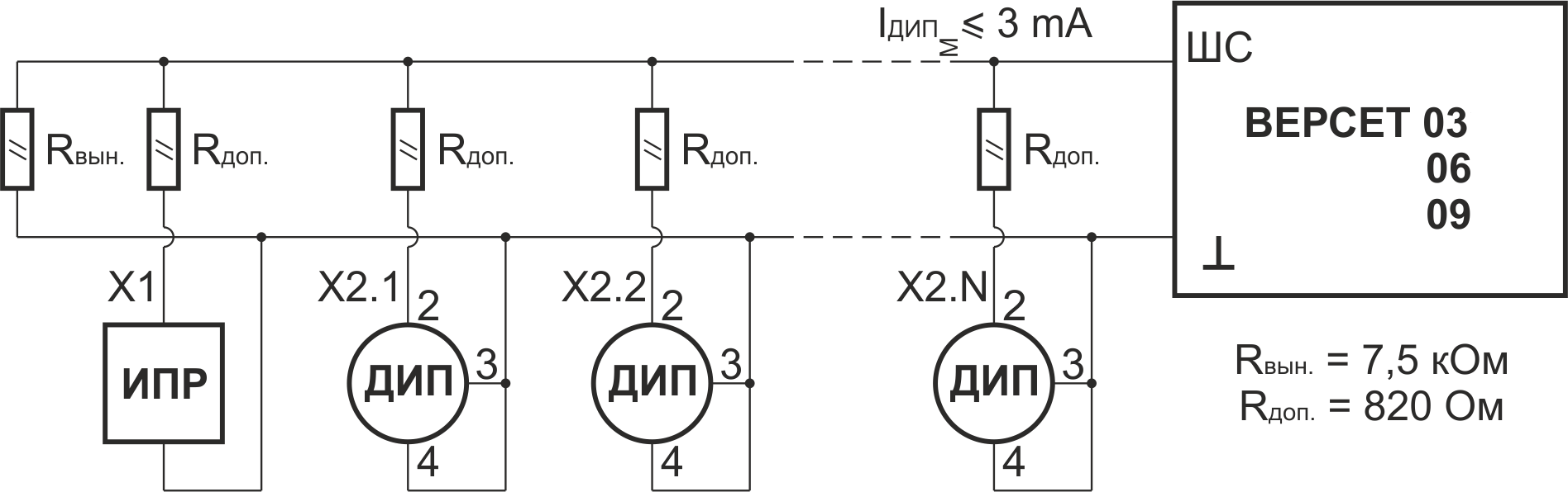Схемы включения дымовых извещателей в пожарные ШС типа ННС и ПНС. Двухпороговый режим работы. Прибор приемно-контрольный охранно-пожарный ВЕРСЕТ 06. Изображение 1