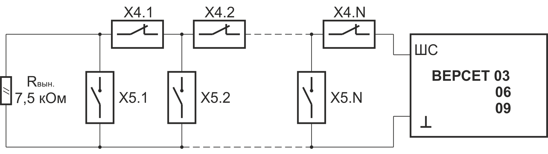 Схема включения охранных извещателей в охранный ШС Прибор приемно-контрольный охранно-пожарный ВЕРСЕТ 06. Изображение 1